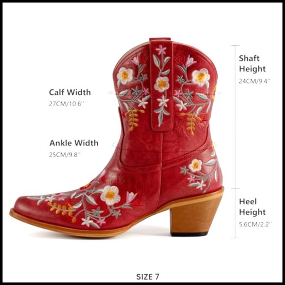 Women's Floral Embroidered Ankle Cowboy Boots Square Toe Chunky Heel - Picture 6 of 7
